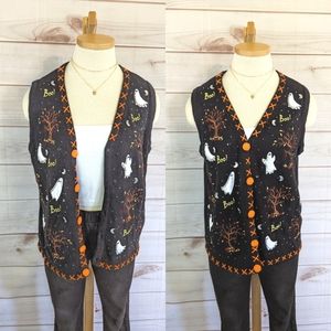 Vintage Embroidered and Beaded Halloween Knit Sweater Vest in Black Size Medium